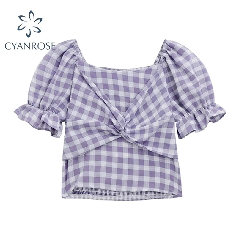 女性の夏の紫色の格子縞の甘いブラウスとシャツのための女性のための韓国の胸部クロスレトロな正方形の襟の半袖Insトップス210515