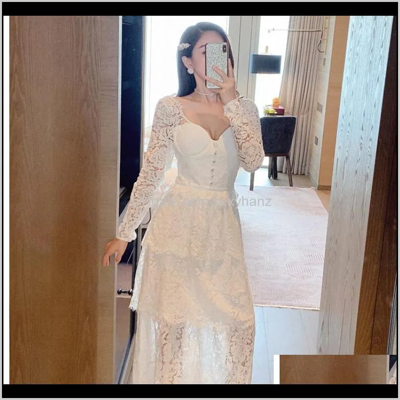 autumn 2020 new high-end temperament banquet white lace dress light luxury ladies sexy light mature hollow long sleeve dress1