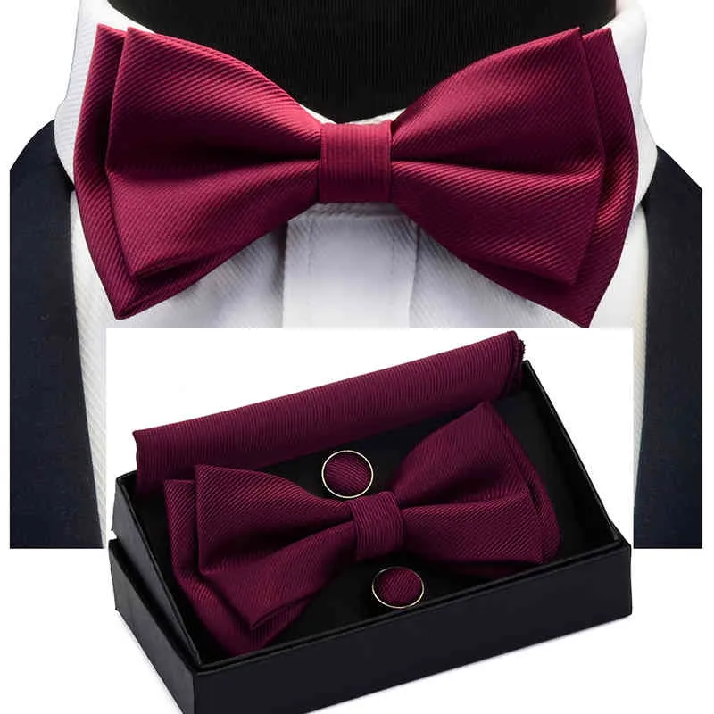 Solid strikje Verschillende grootte op en neer heren duidelijke bowtie zakdoek manchetknopen geschenkdoos set voor mannen bruiloft mode banden