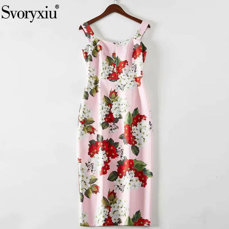 Casual Dresses Svoryxiu 2021 Sexig Runway Summer Party Spaghetti Strap Women's Elegant Pink Flower Print Plus Size Dress Vestdios S - 5XL