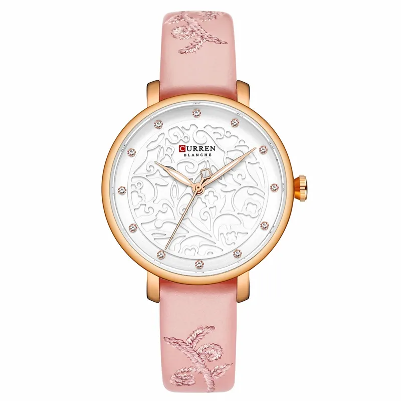 Frauen Uhren Rosa Leder Armbanduhr mit Rhinestone Damenuhr Mode Luxus Quarzuhr Relogio Feminino