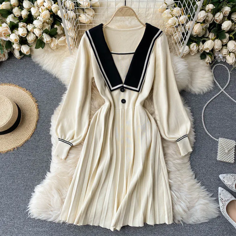 スカート Sopy Collar Longsleeve Dress 4COL Sailor Collar Knitted Long Sleeve Midi Dress Long Sleeved