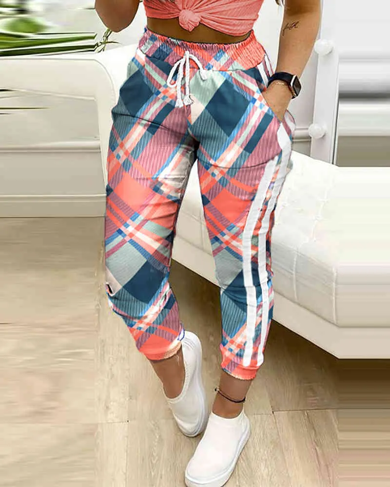 Wiosna Jesień Kobiety Plaid Colorblock Casual Spodnie Femme Nowe Spodnie Cargo Panie Pieszeni Projekt Sznurek Moda Dna 210415