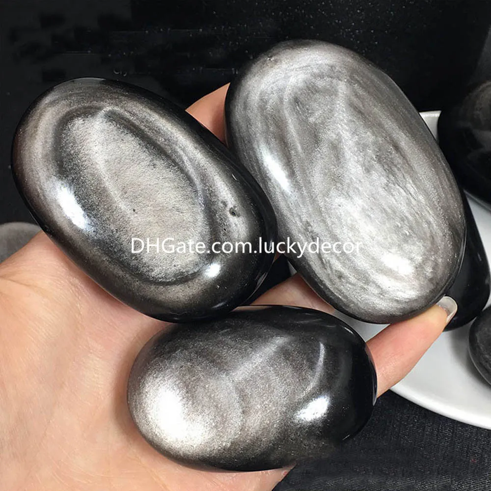 Silver Sheen Obsidian Crystal Polished Palm Pocket Stone Arts Rare Protective Tumbled Irregular Gemtone for Decoration, Healing, Meditation, Feng Shui, Hand-Made