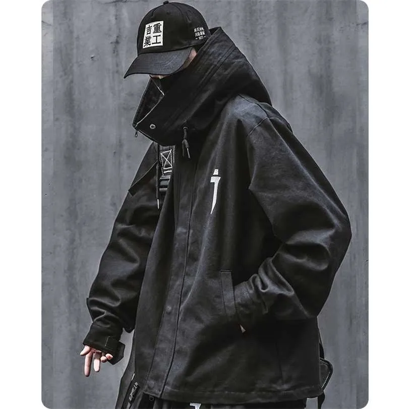 Vårt trend Functional Wind High Collar Coat Loose Hooded Work Jacket Herrkläder Harajuku Hiphop Safari Style Outer Garment 211214