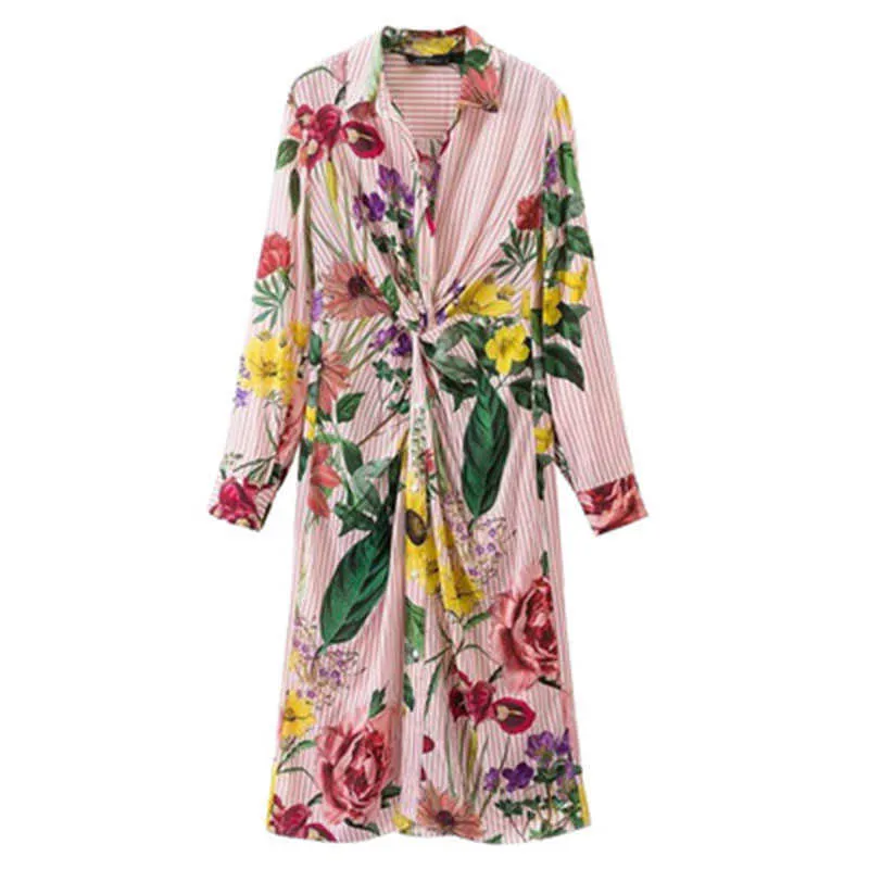 Printemps rétro imprimé floral rayé robe complète ceintures col rabattu longues robes pour femmes 210615