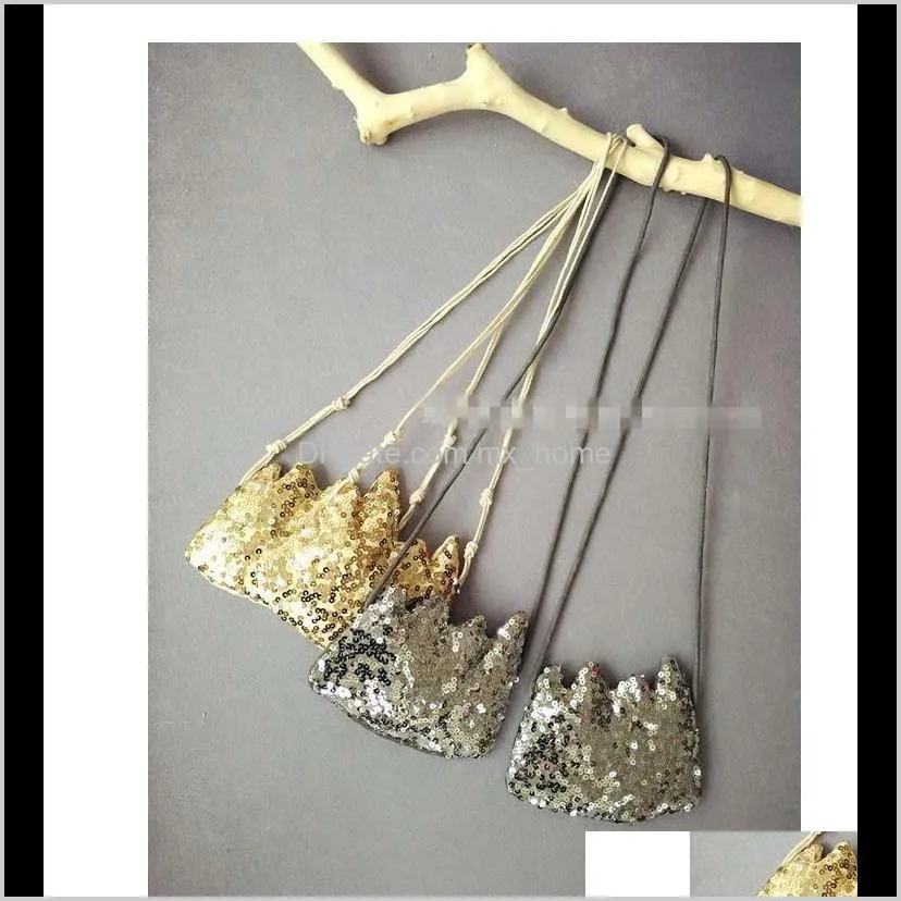 new children golden sliver sequins crown shoulder bling gold crown hand messenger one-shoulder small satchel bags q0926