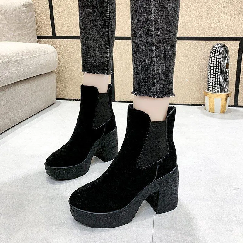 Boots Women Rouund Toe Women’s Shoes 2021 Fashion Slip on Woman 9.5 سم كعب أسود أسود 35-40
