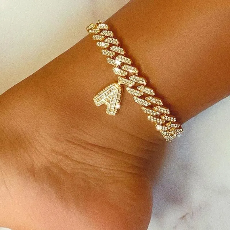 12mm DIY Initial Cuban Link Chain Iced Out Letter Anklet for Women Hip Hop Cuban Anklet Rhinestone Foot Jewelry Whole
