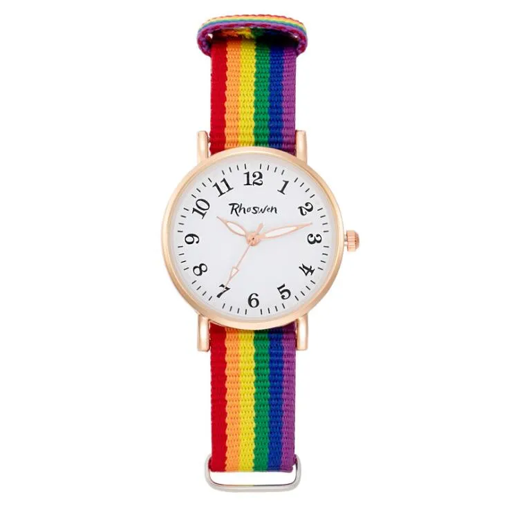 Uren luxe jurk horloge vrouwen mannen quartz klok regenboog nylon band dames lichtgevende wijzer casual gouden polshorloge