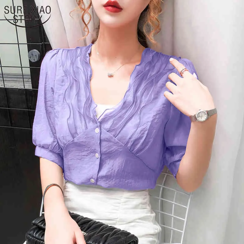 Zomer Koreaanse stijl wilde elegante v-hals chiffon shirt mode slanke korte mouw blouse witte tops vrouwen 9810 210508