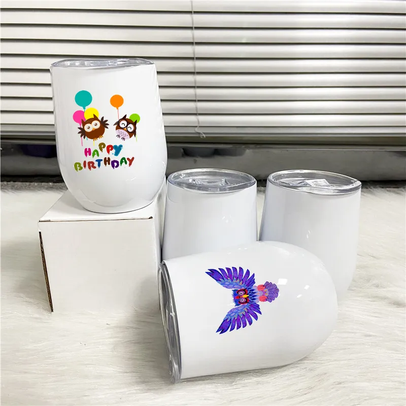 12oz Sublimation Wine Tumbler Mugs Stainless Steel Egg Cup Vacuum Insulated Champagne Coffee Mug Heat Transfer Coating Beer Cups With Seal Lid For Mother Day