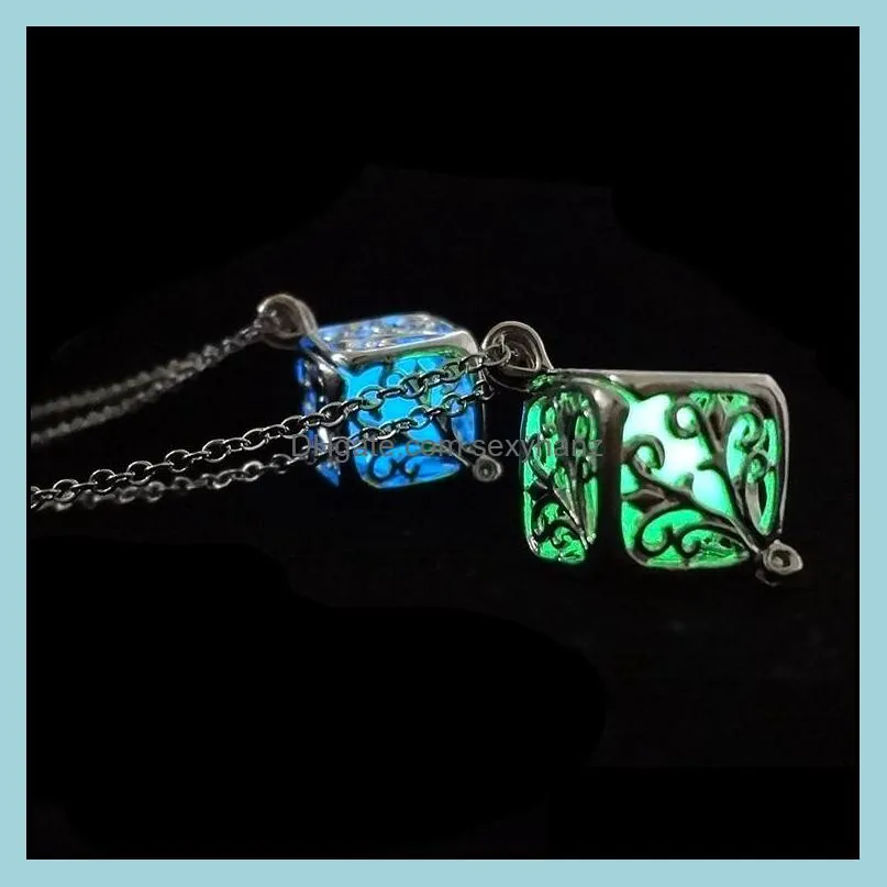 New Fashion Women Luminous Hollow out Locket Pendant Glow In The Dark Necklace Square box necklace Engagement Gifts Top Quality