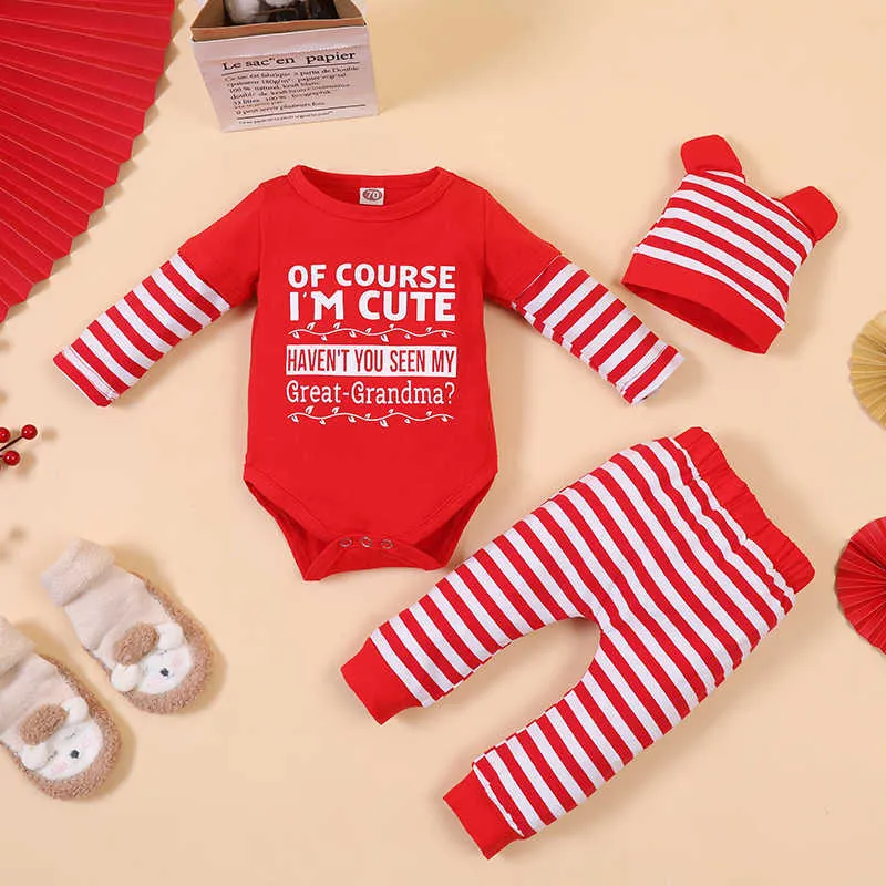 Newborn Baby Boy Girl Clothes Spring Autumn Clothing Sets Long Sleeve Bodysuit+red White Striped Pants Christmas Clothes Outfits G1023