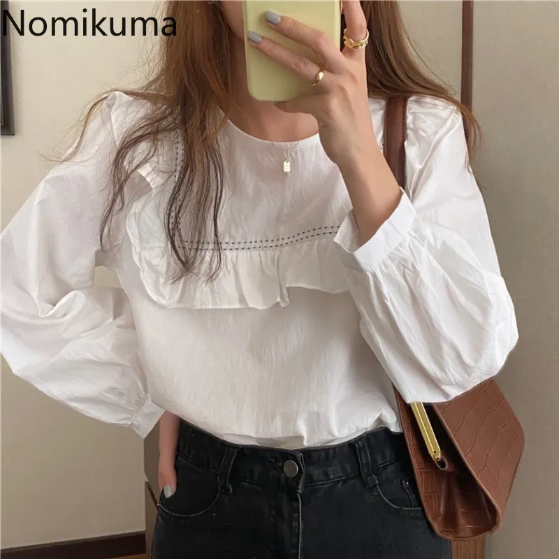 Nomikuma Women Blouse Korean Ruffle Patchwork Sweet Blusas Tops Femme Autumn Long Sleeve O-neck Pullover Shirt 6D084 210427