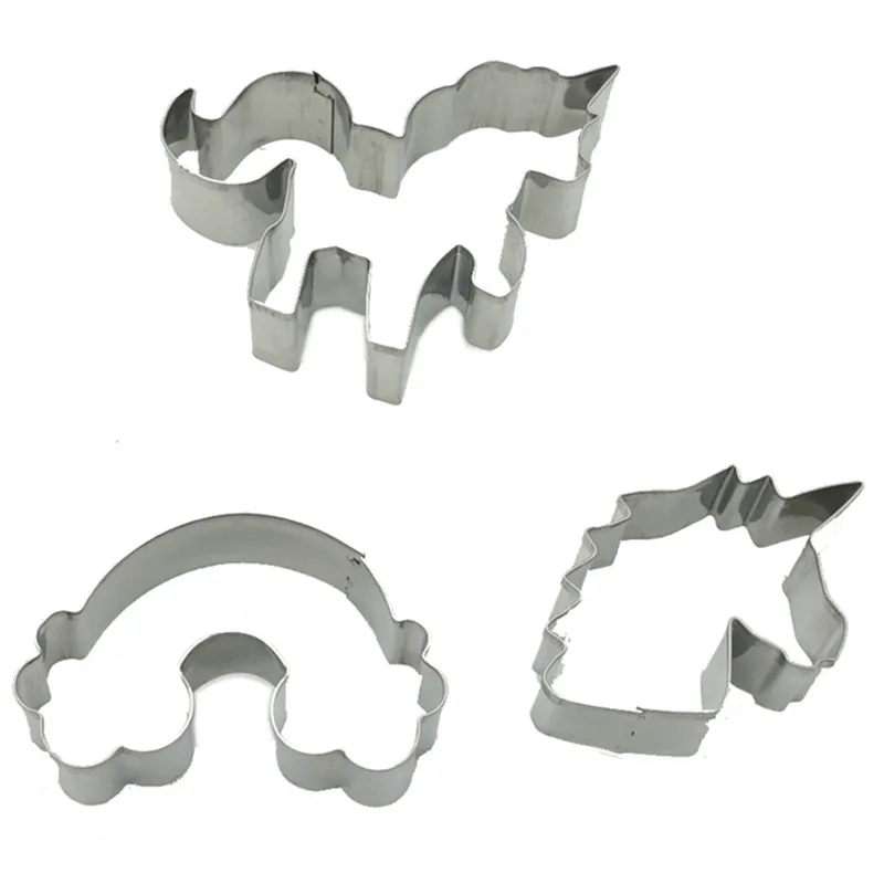 3pcs / set Rostfritt stål Unicorn Cookie Cutter Candy Biscuit mögel Bakning Verktyg Rainbow Metal Pastry Cake Fondant Cutters Mold