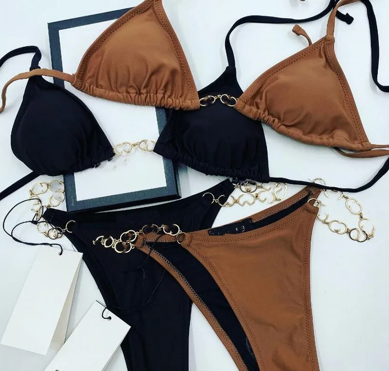 Trendy Tekstil Mektupları Zincir Bikinis Seksi Split Halter Spa Havuzları Mayo Takım Yaz Plajı Dalış Mayo Kadın Moda Mayo