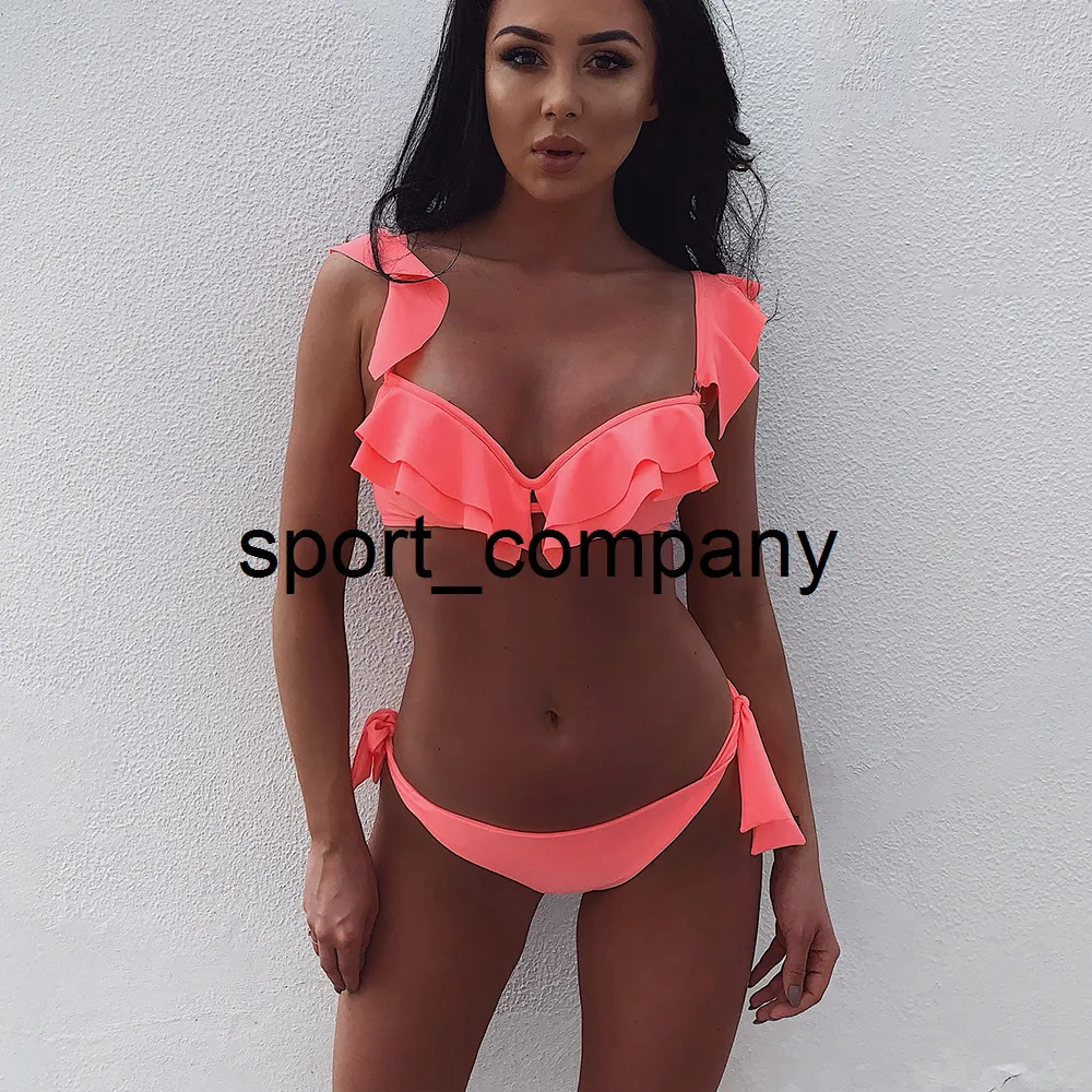 Solid Ruffle Bikini Brazillian Swimsuit Women Cut Bottom Bikini Set Swimwear Swimming Biquini Maillot De Bain Viquinis Mujer