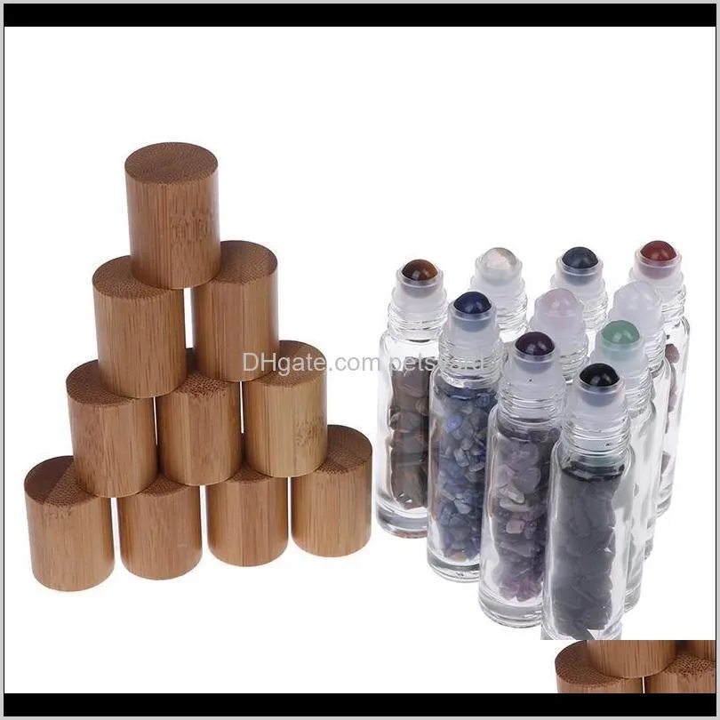 1pcs natural gemstones  oil roller ball bottles transparent glass with bamboo lid caps 10ml storage & jars