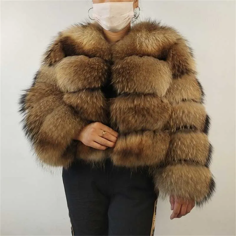 Beiziru Real Raccoon Silver Fox Fur Coat Plus Storlek Kläder Naturligt Vinter Kvinnor Rund Neck Warm Tjock Stil Plus-Storlek 210927