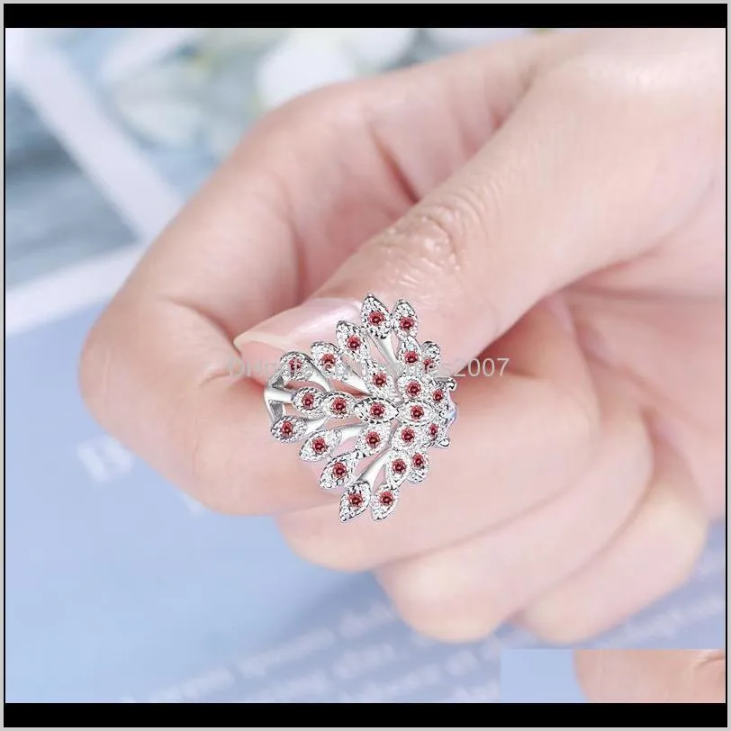 luxury female peacock crystal big ring cute silver color open engagement vintage stone wedding rings for women