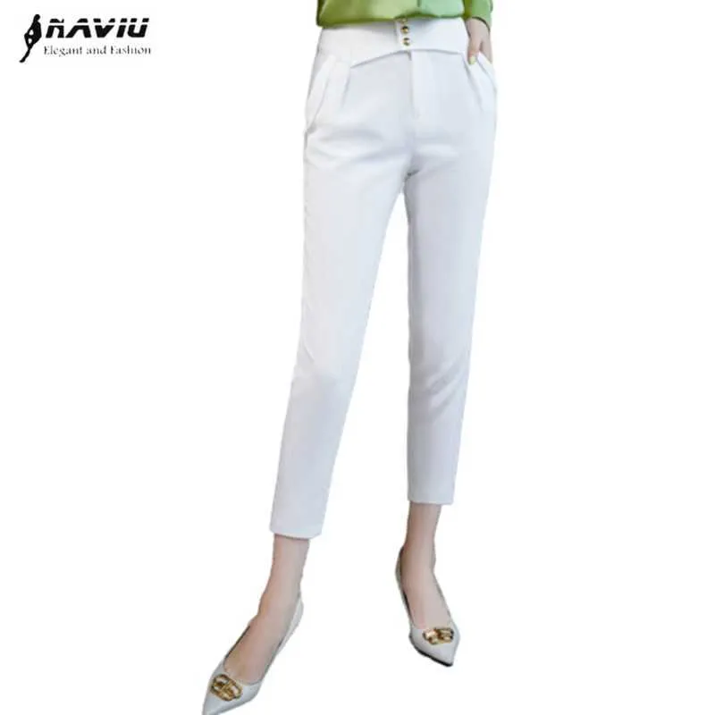 흰색 높은 허리 슬림 할로 란 발목 길이 바지 패션 캐주얼 연필 바지 사무실 숙녀 바지 210604