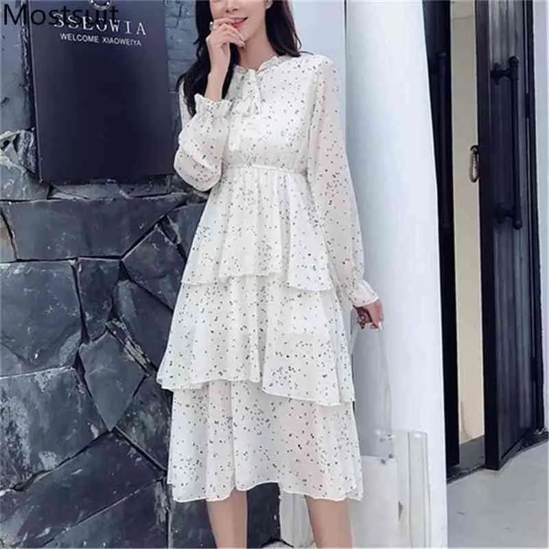 Automne élégant mode imprimé femmes robe à plusieurs niveaux à manches longues nœud col taille élastique robes Vintage dames Vestidos 210513