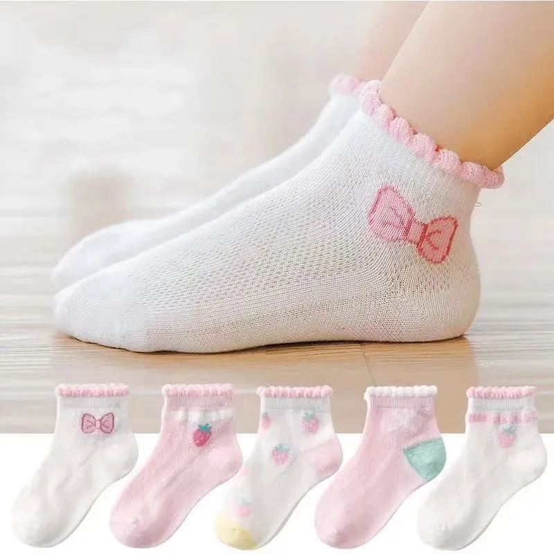 Morango Children's Curto Laço Bebê Peúgas Cor Solida Curly Sock Seção Fina Suor-absorvente Respirável Primavera Princesa 1875 Y2