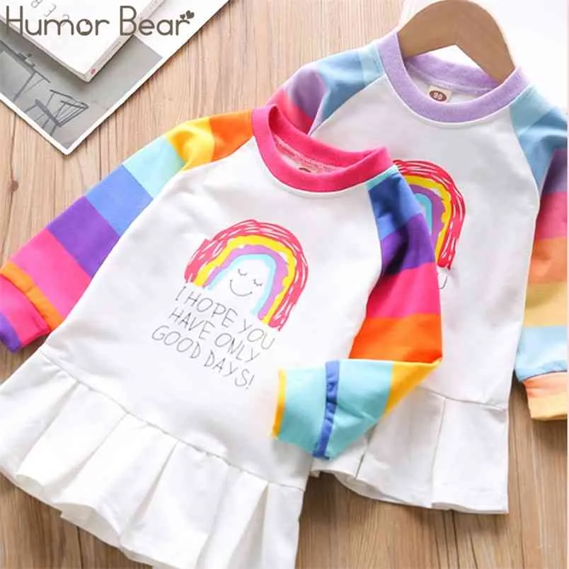 Meisjes herfst kinderen jurk Koreaanse casual schattige trui baby lange mouwen kleurrijke kinderkleding 210611