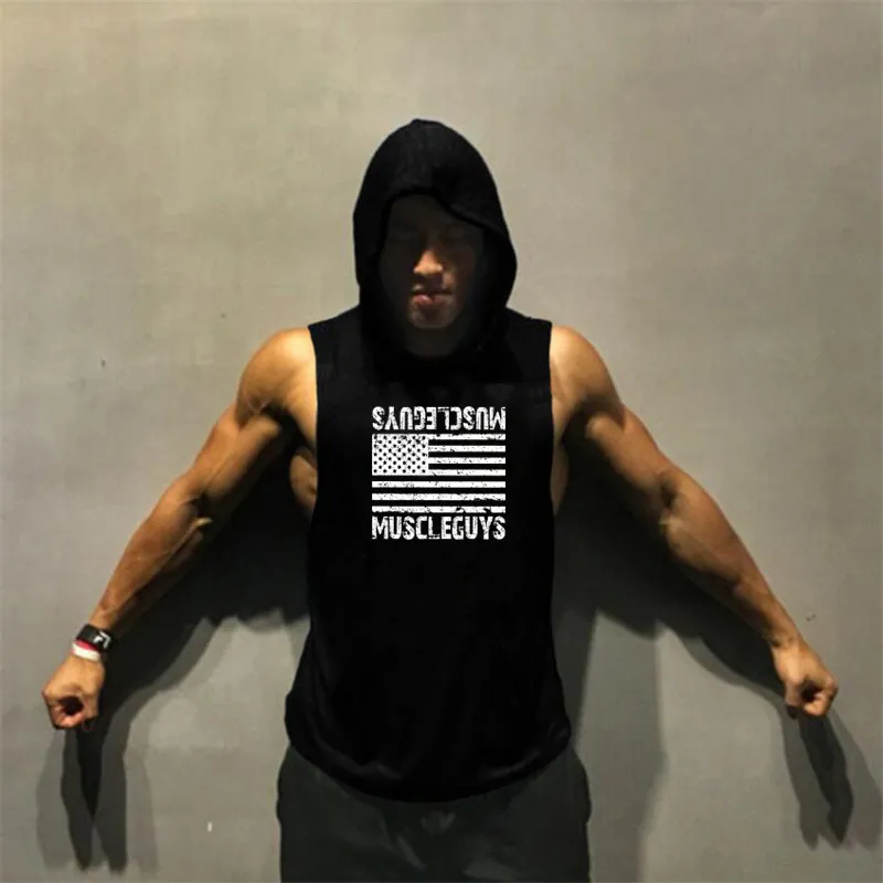 Muscleguys American Flag Print Bodybuilding Ärmlös Hoodies Män Sport Fitness Hooded Tank Top Men Gymkläder Hoody 210421