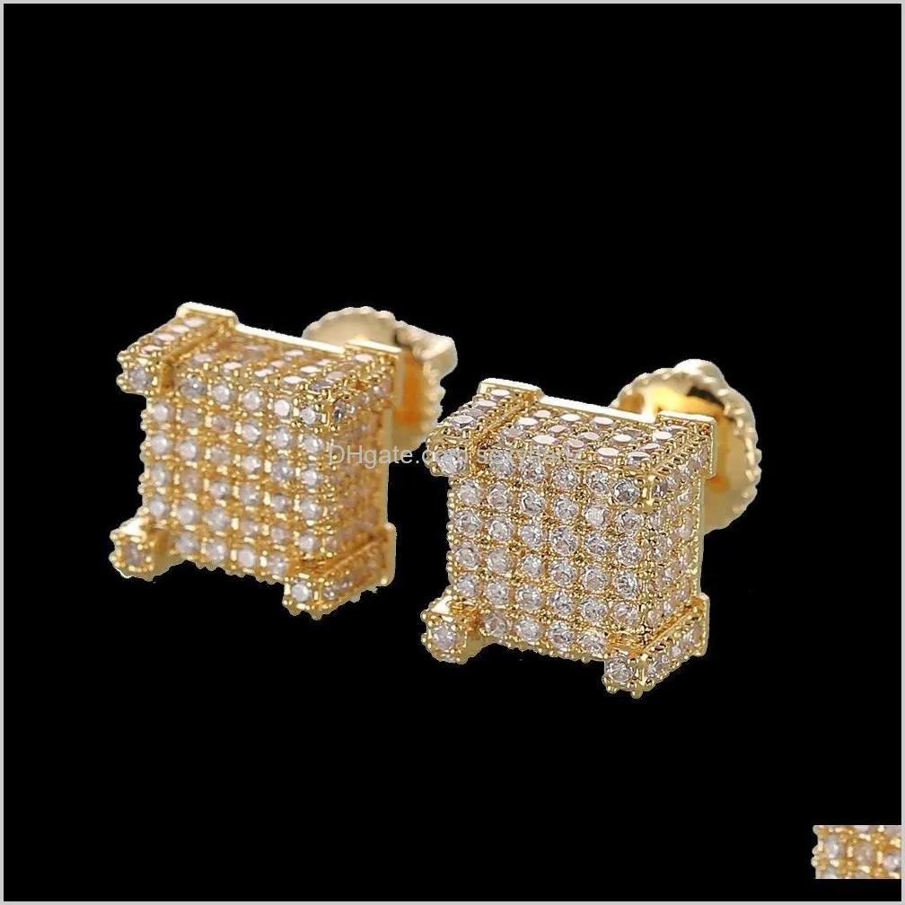 hip hop men silver earring shining cubic zircon square stud earrings screw back women trendy jewelry 9mmx9mm