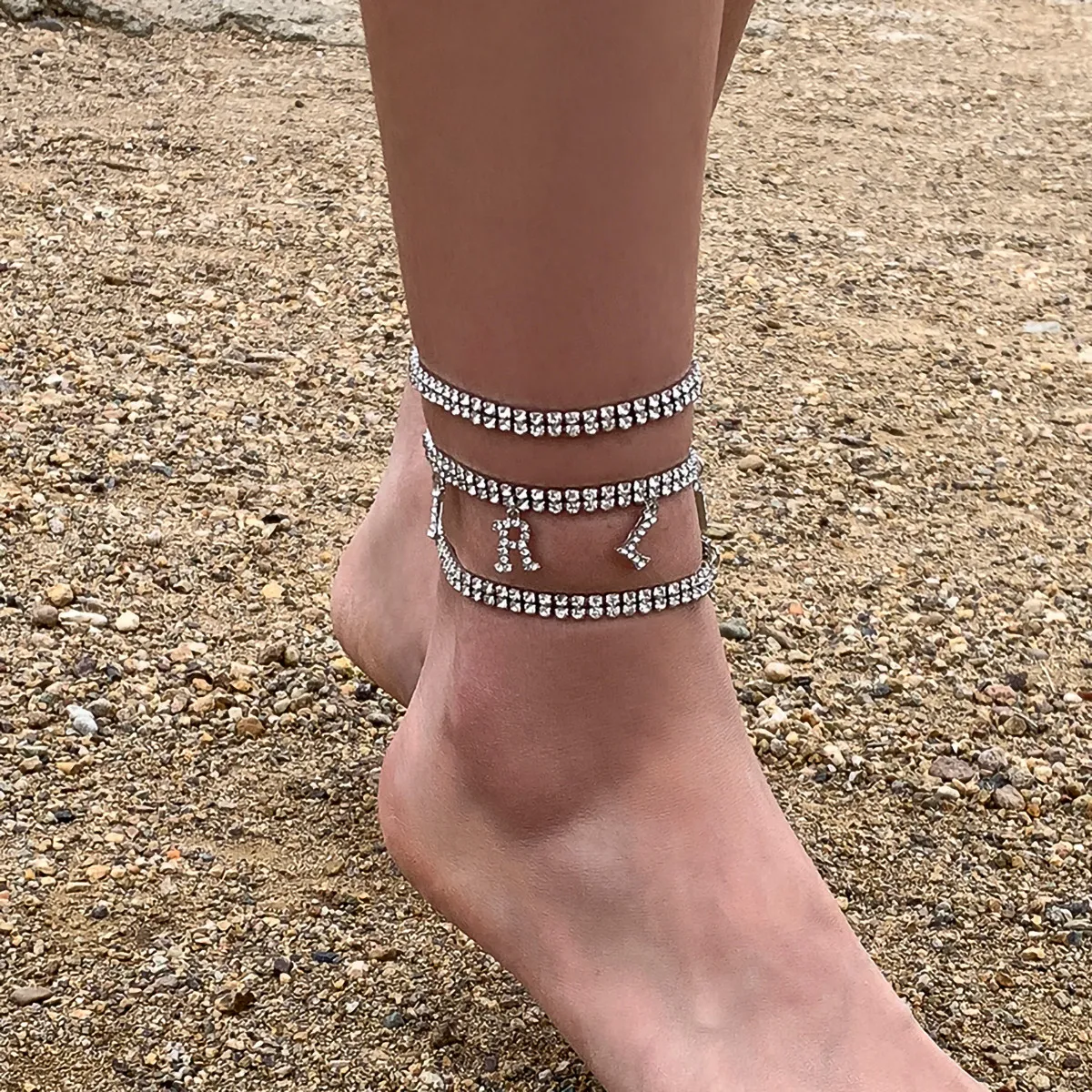 2021 Rhinestones Initial Letter Girl Pendant Crystal Armband Anklets Till fots Barefoot Sandals Smycken Party Gåvor
