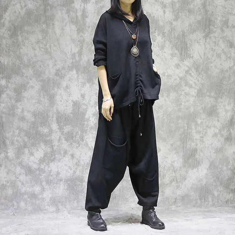 Johnature vrouwen gebreid tweedelige pak zwarte lente kleding originele casual soft pullover tops elastische taille broek 210521