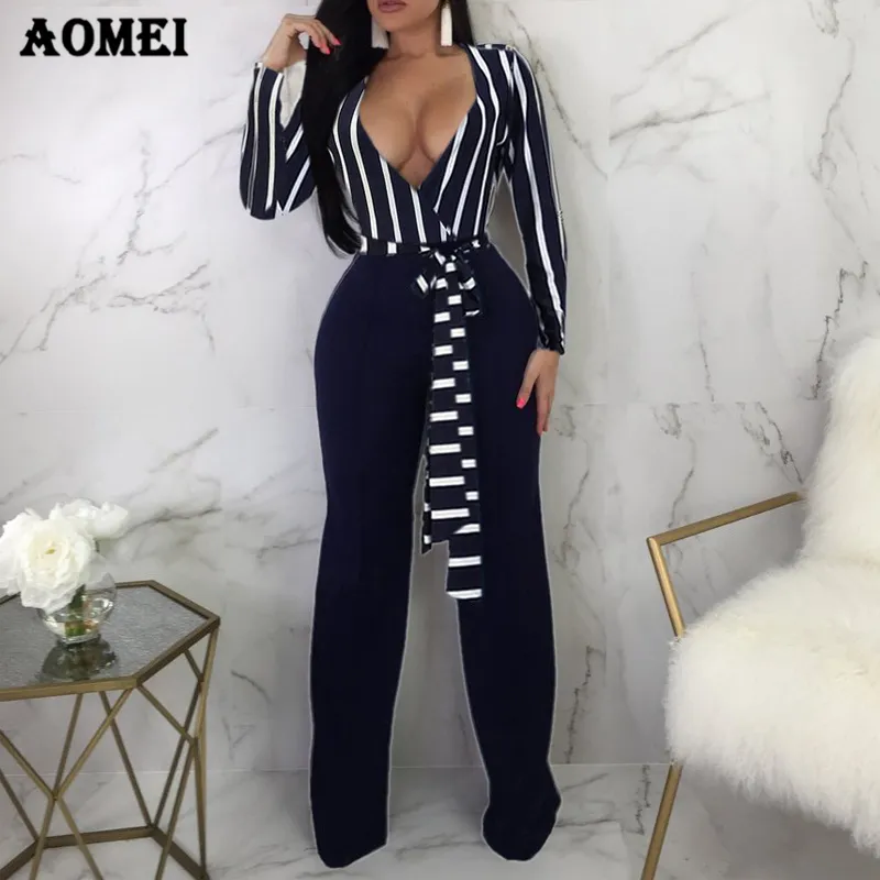 Vrouwen Overalls Jumpsuit V-hals Sexy met Taille Riem Navy Blauw Wit Gestreepte Lange Mouw Elegante Femme Casual Fashion 210416