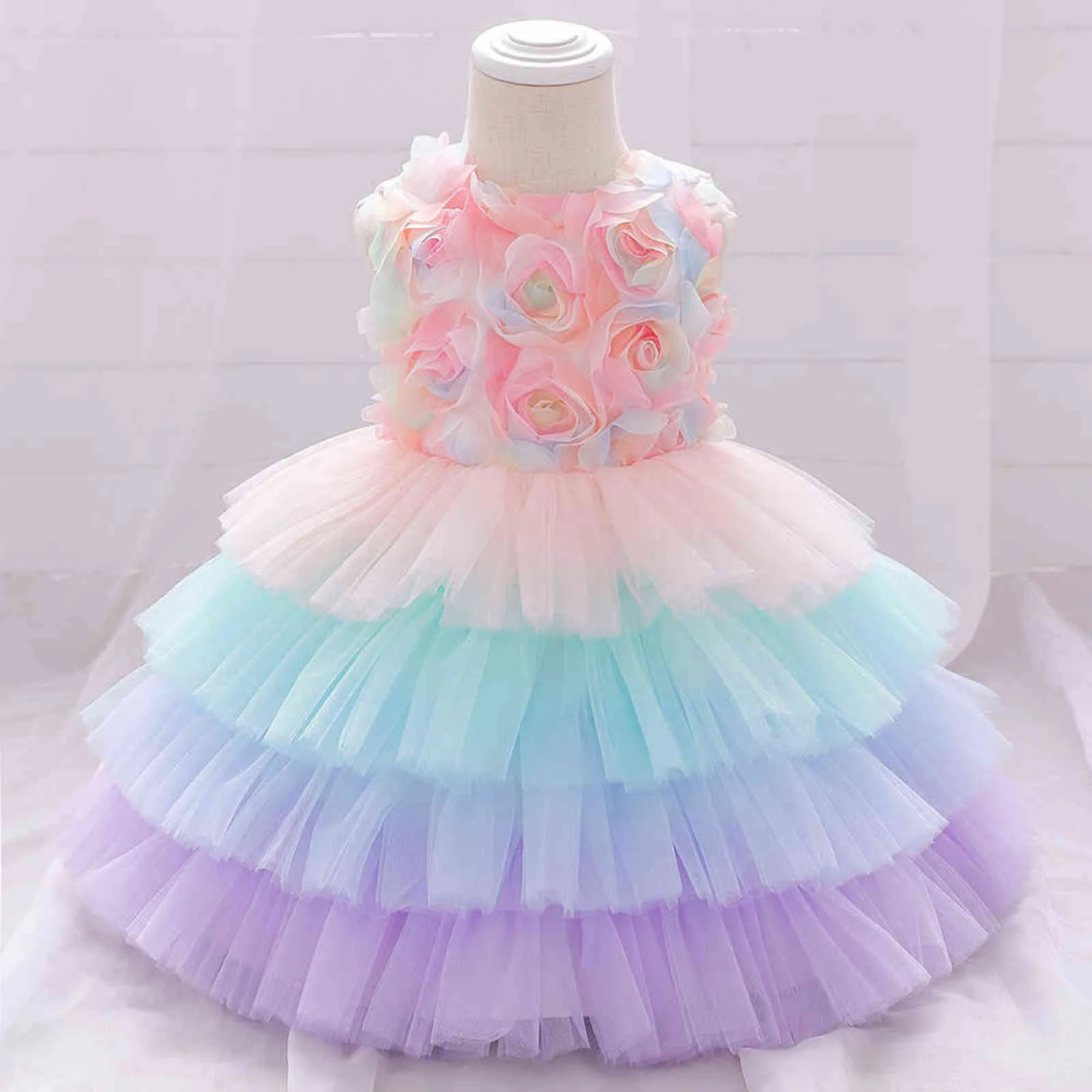 Baby Girls 1 Year Old Birthday Party Dress Rainbow Three-dimensional Petals Color Matching Mesh Cake Princess Sleeveless Dress G1129