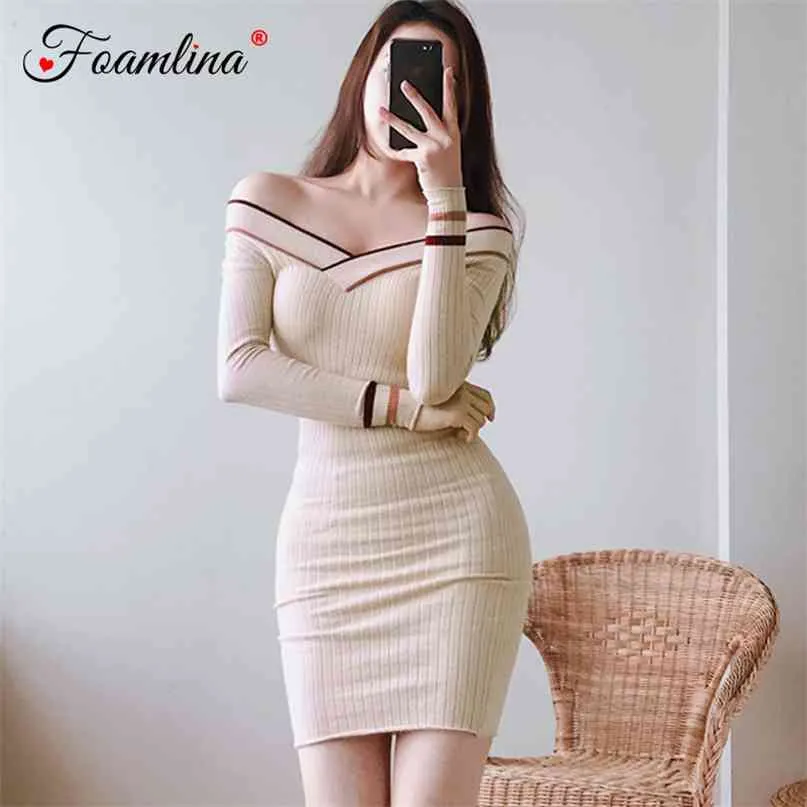 Damska Seksowna Sweter Sukienka Striped V Neck Długi Rękaw Bodycon Płaszcz Slim Fit Stretch Casual Dzianiny Jesień 210603