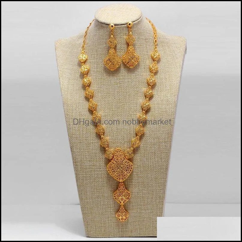 Dubai India Gold Color Jewelry Sets For Women African Flower Necklace Earrings Party Wedding Bridal Accessories 201215