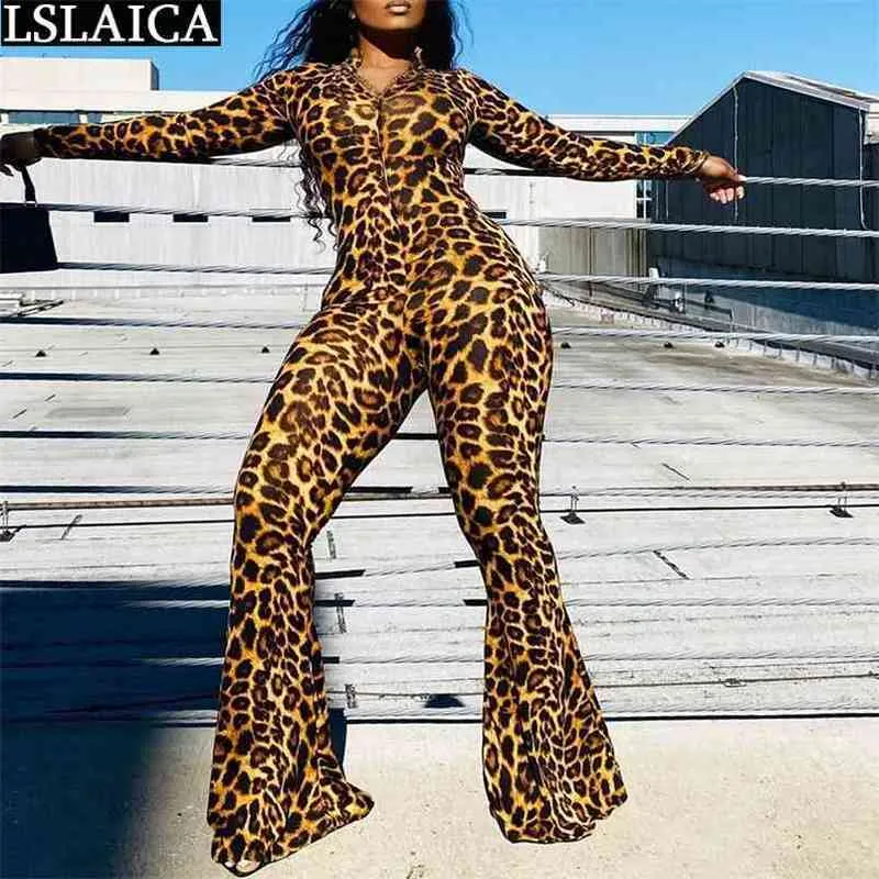 Moda Kombinezon Kobiety Leopard Sexy Zipper Slim Body Z Długim Rękawem Casual Streetwear Masquerade Bodys Para Mujer 210515