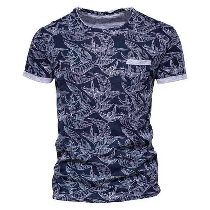 Aiopeson лист печатанный футболка мужская кармана повседневная высокое качество 100% хлопок одежда летом гавайи стиль S 210714
