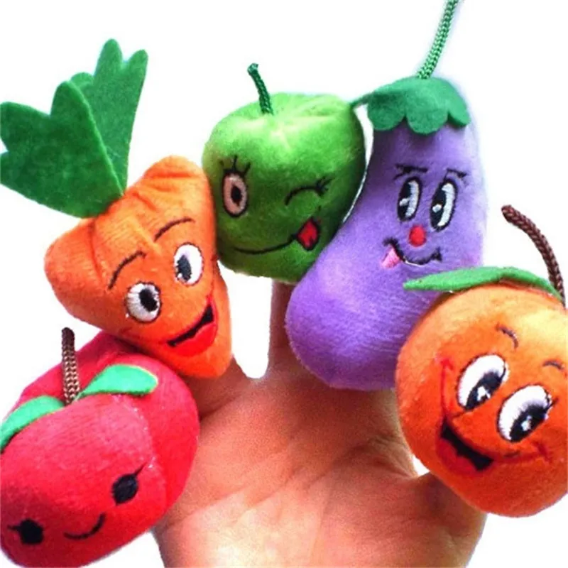 50PCS = 5LOT Fruit Vegetable Finger Puppets Story Telling Dock Barn Barn Baby Educational Leksaker RPG Använd Rollspel Toy Group 3071 Q2