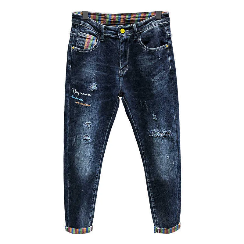 Herren Jeans Hose Haremshose Männer Stretch Blau Zerrissen Distressed Gestreiftes Liner Gepatchtes Denim Lässige Streetwear Biker,3266 X0621