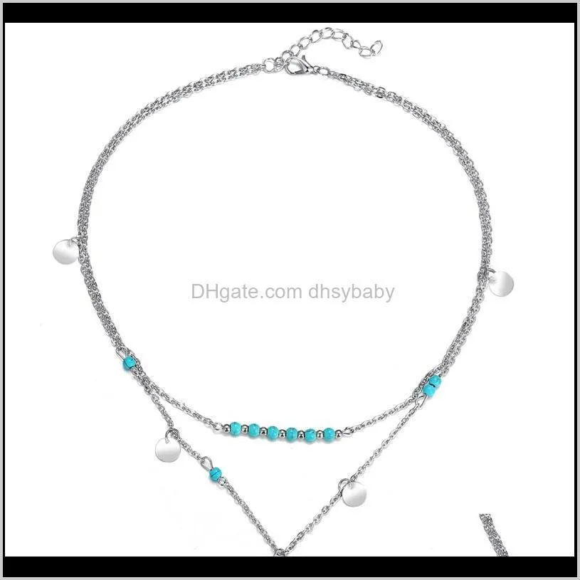 women bohemian ethnic style turquoise beads pendant necklace clavicle chain sequin double-layer necklace fashion jewelry