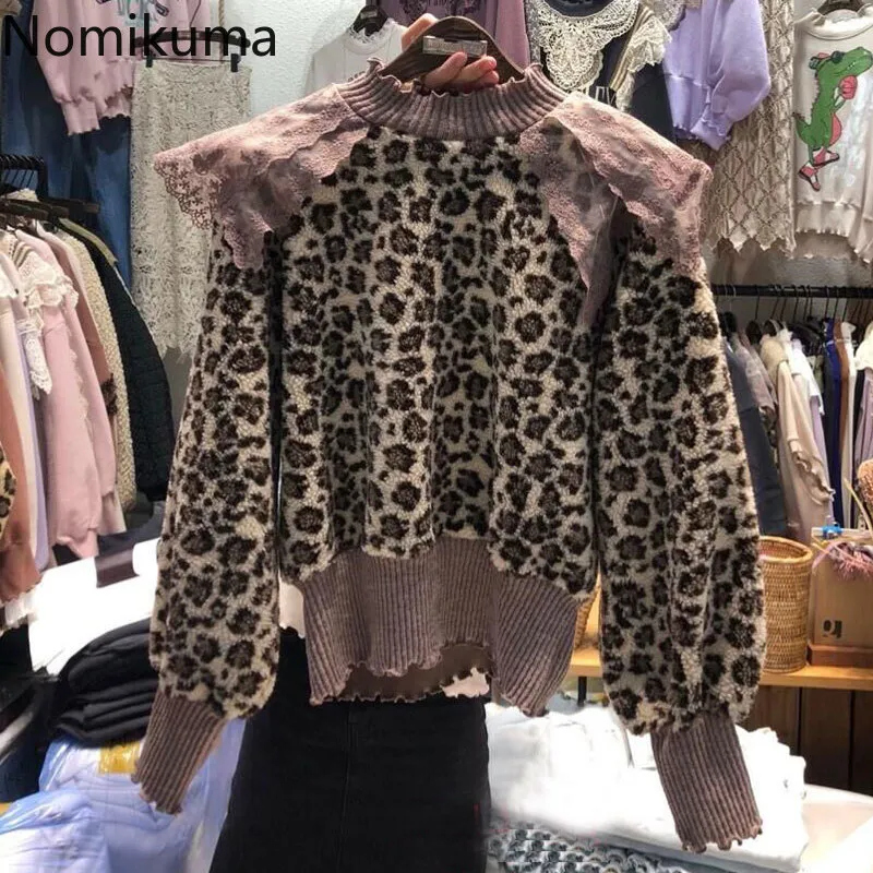 NOMIKUMA Hit Color Leopard Sweat-shirt Causal Coréen Lace Ruffle Patchwork Top Ped Pumper New Long Manche Owck Women Hoodies 6d765 210427