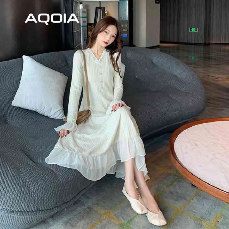 Spring Fashion elegant Ruffles Lace Women Long Dress V Neck Knit Ladies es A-Line Solid Color Button Woman 210521
