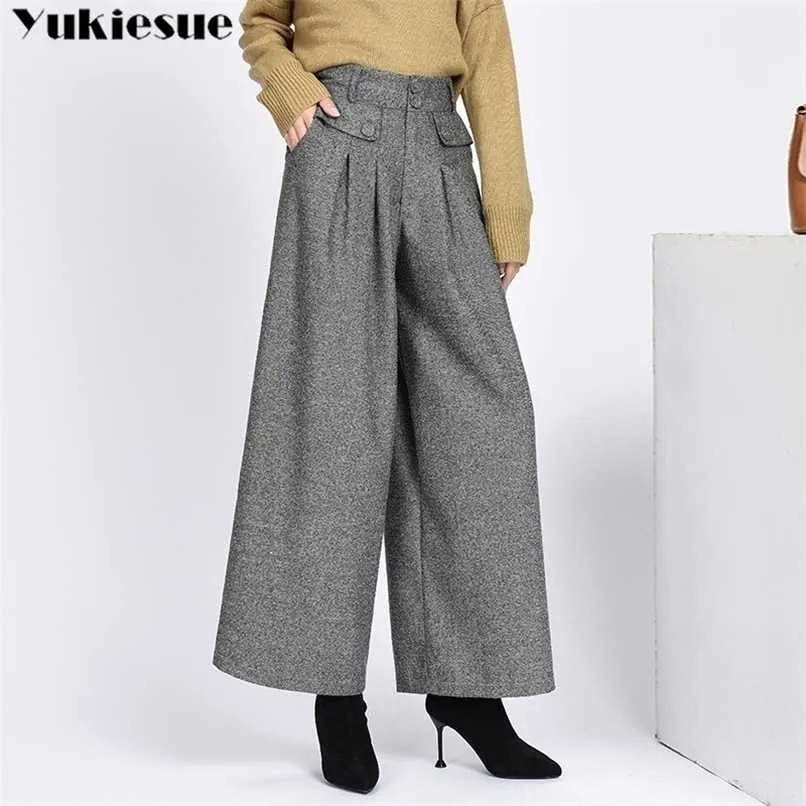 Winter warme Wolle Frauenhose Frauen hohe Taille plissierte Weitbeinhose Capris für Frauenhosen Frau Plus Size 4xl 211216