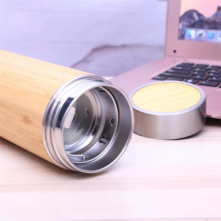 Bamboo Tumbler Stainless Steel Water Bottles Vacuum Insulated Coffee Travel Mug with Tea Infuser & Strainer 16oz wooden bottle ZC367