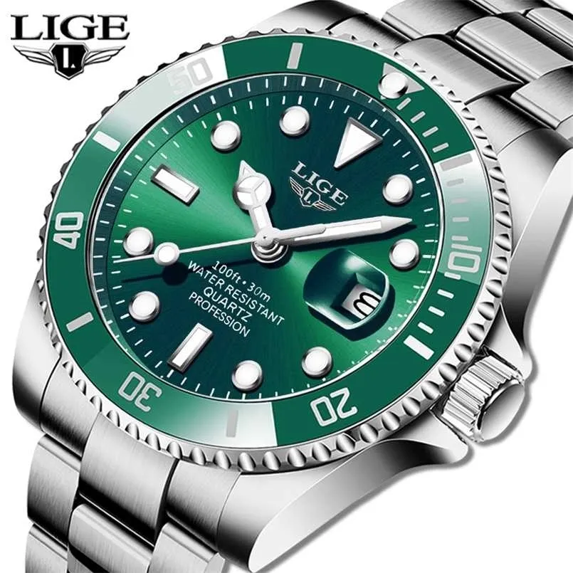 LIGE TOP Merk Luxe Mode Diver Horloge Mannen 30ATM Waterdicht Datum Klok Sport Horloges Mens Quartz Polshorloge Relogio Masculino 211013