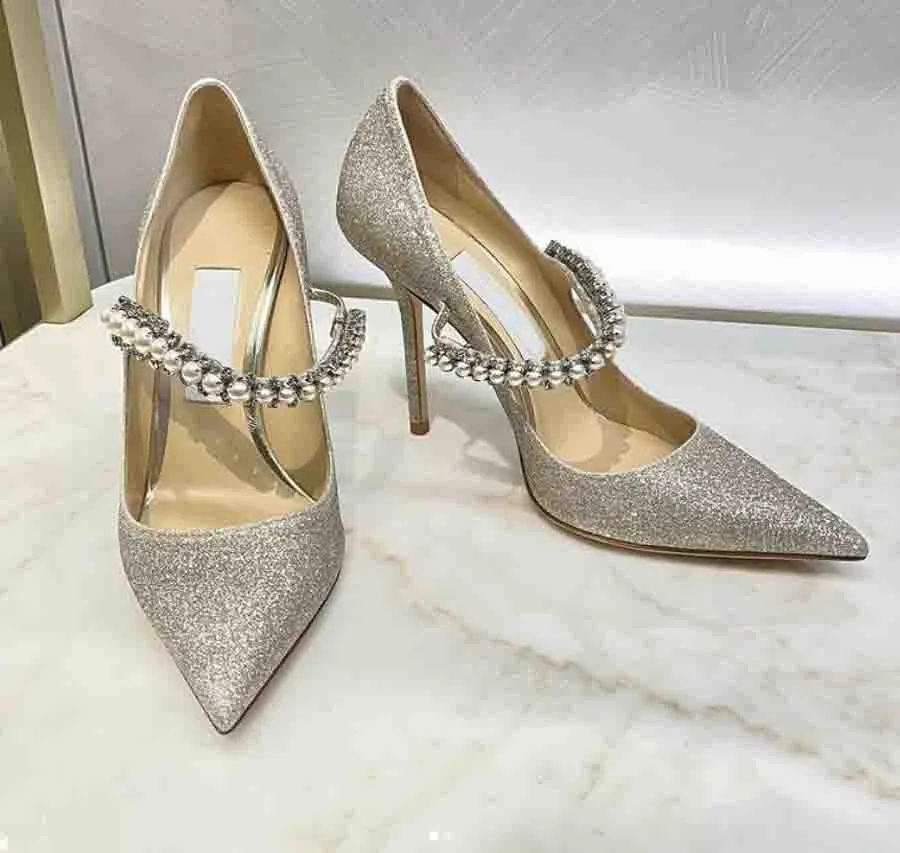 Nieuwe 23ss Dames Bruiloft Jurk Schoen Bruid pumps luxe designer schoenen modemerk Platinum Glitter Pumps met Crystal Dames Jurk Schoen