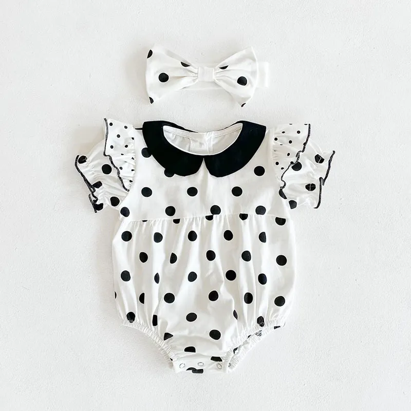 Zomer Baby Meisjes Rompertjes Kleding Bodysuits Korte Mouw Dot + Haarband Zuigeling Bodysuit 210429