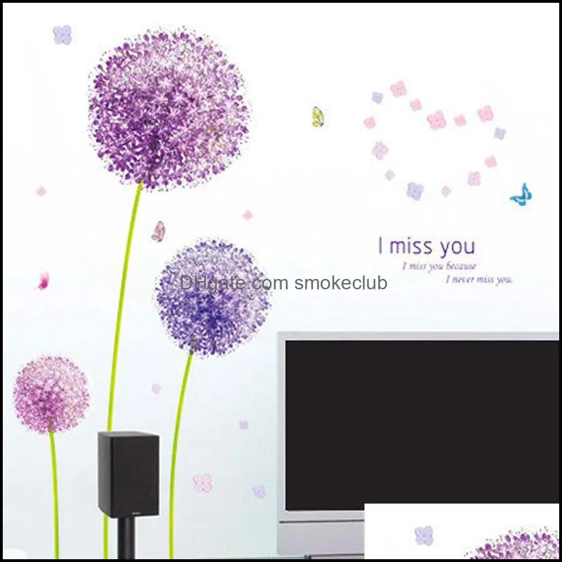 Cartoon Purple Dandelion Plant PVC Wall Stickers For Kids Living Room Home Decor Mural Art Wallpaper